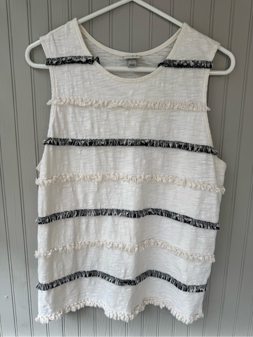 a new day White Tank with Black and Cream Fringe Stripes